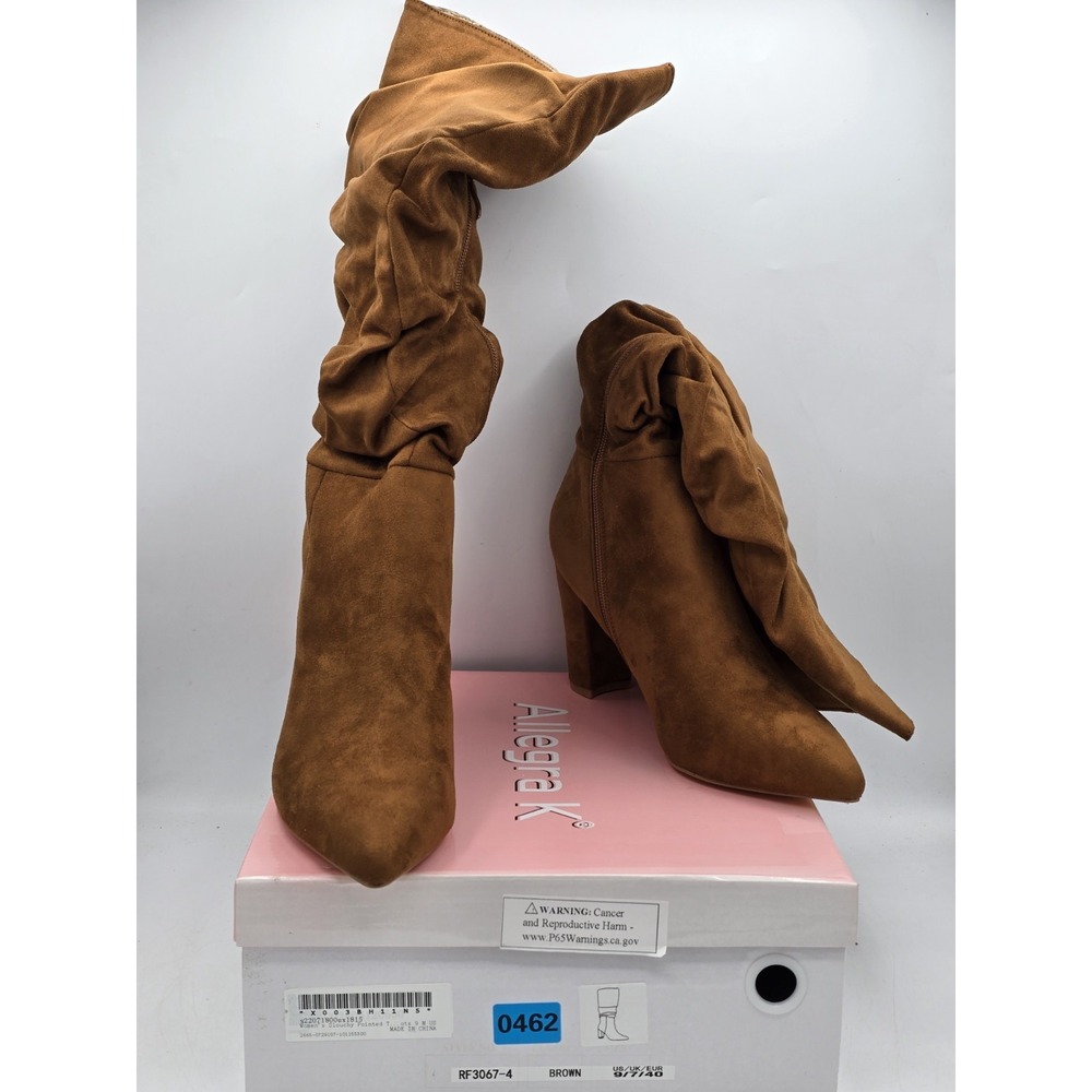 Allegra K Women's Slouch Pointed Toe Chunky Heel‎ Knee High Boots Brown Sz 9 M